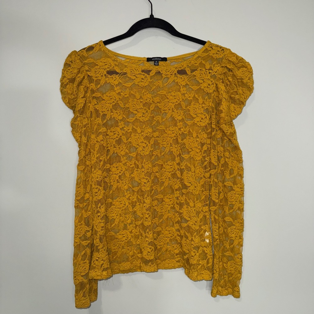 Ambiance Womens Mustard Yellow Floral Lace Puff Shoulder Sheer Top 1X Boho Scoop